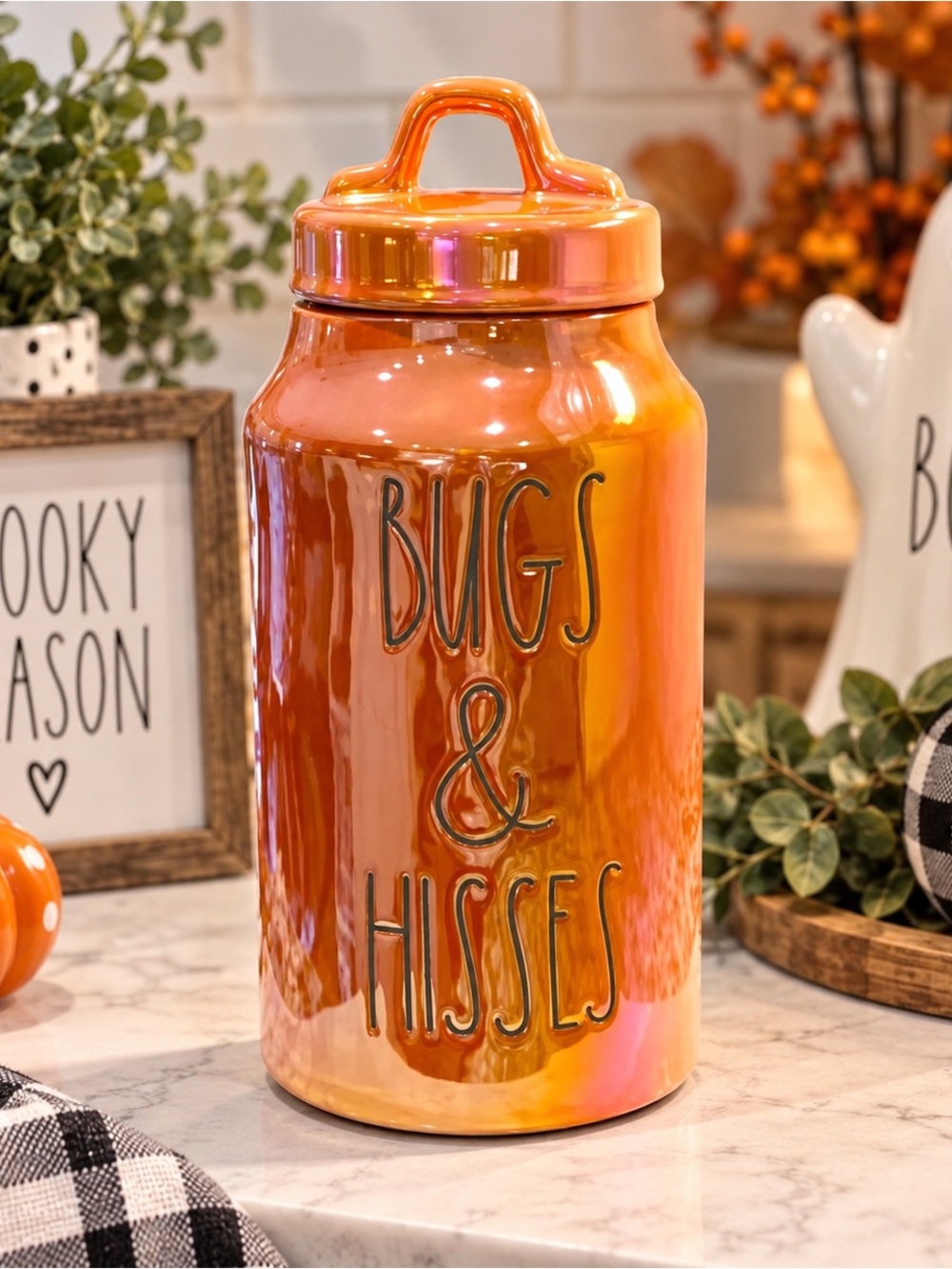 NEW Rae Dunn BUGS & HISSES Orange Luster Halloween Skinny Canister 10”
